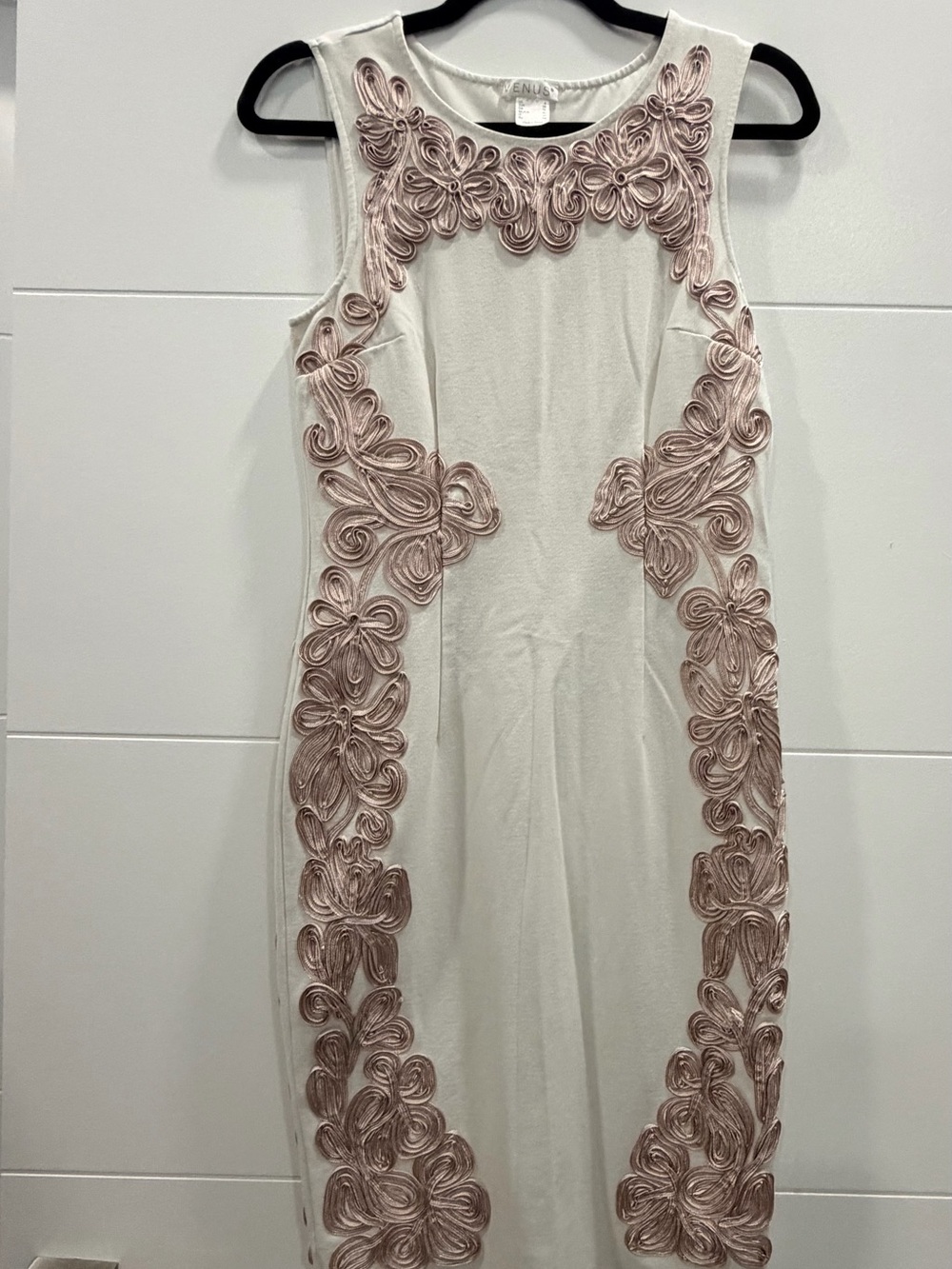 VENUS White Sleeveless Dress with Blush Embroidered Appliqué